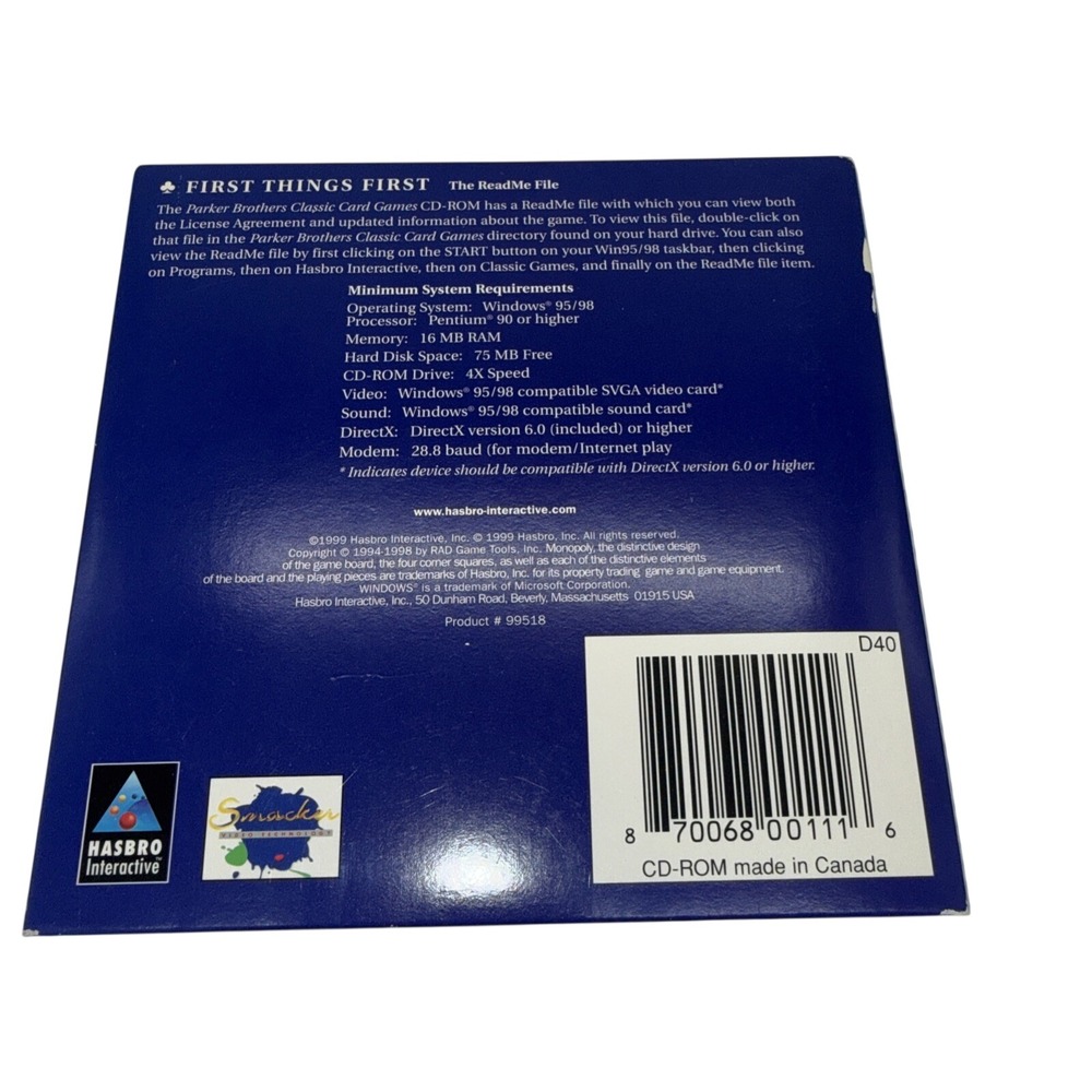 Parker Brothers Classic Card Games PC CD-ROM Hasbro Interactive Windows 95 / 98 - Picture 8 of 8